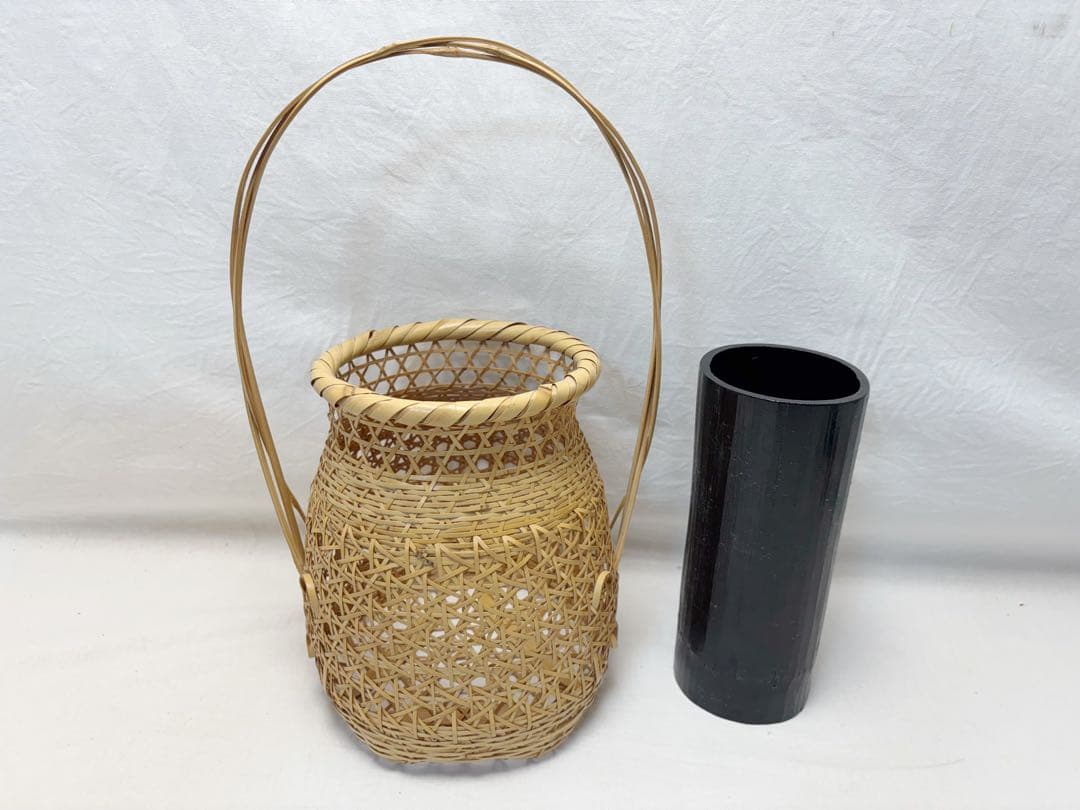 ほぼ未使用 華道具 平安 竹美斉 造 淡々好 三友籠竹花入 竹おとし付 刻印共箱