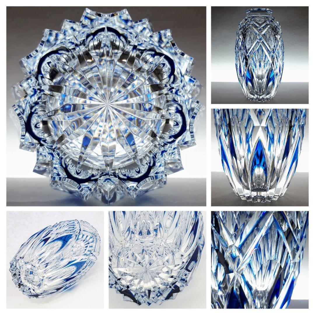 日本工芸会正会員　渡邊 明 作品　　切子 藍色被せ 花瓶　【入手困難品】
