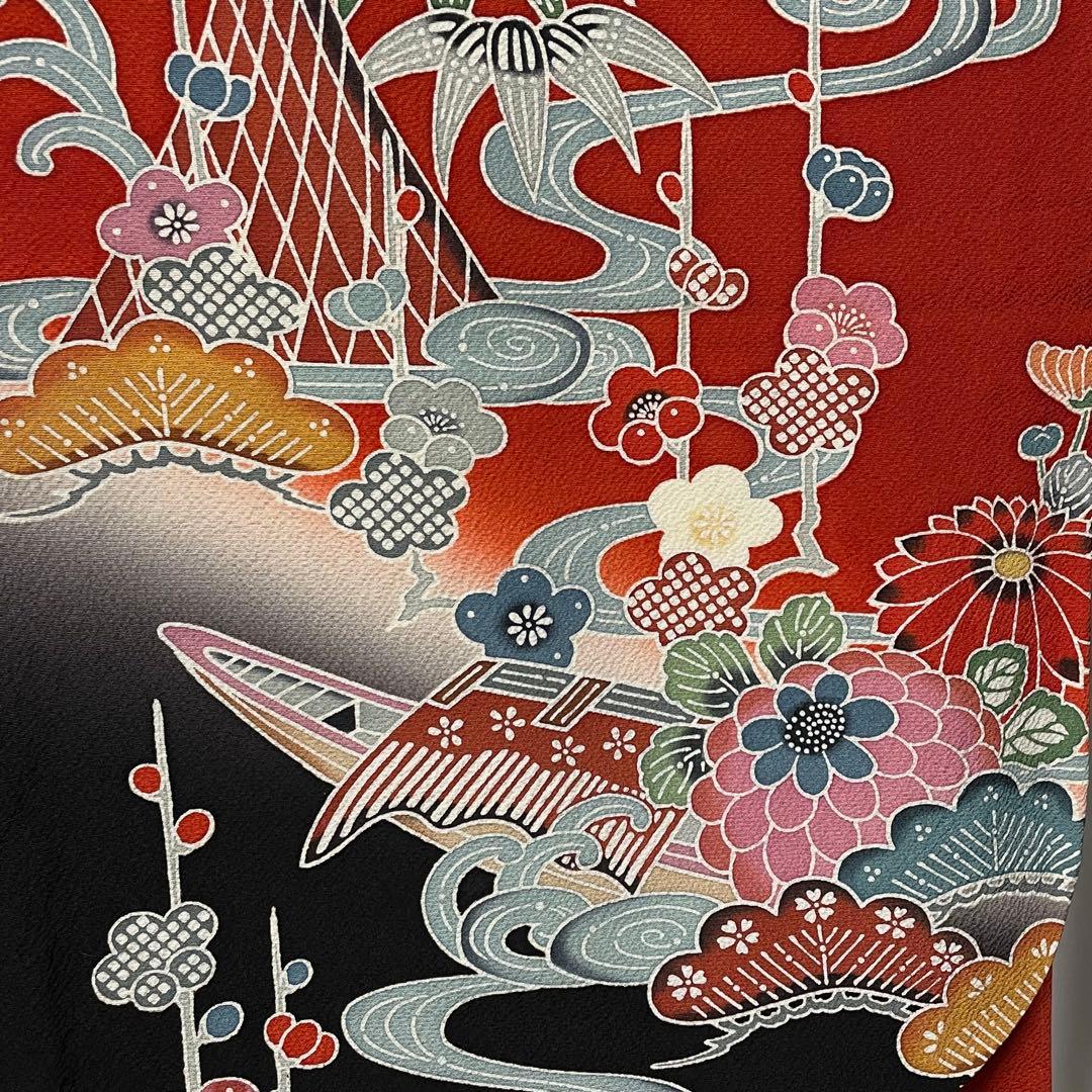 D796 振袖　紅型　正絹　着物　袷　極美品