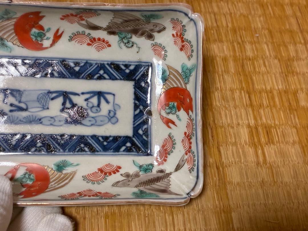 古伊万里 魚紋 風景図 色絵 長皿 丸皿 二点