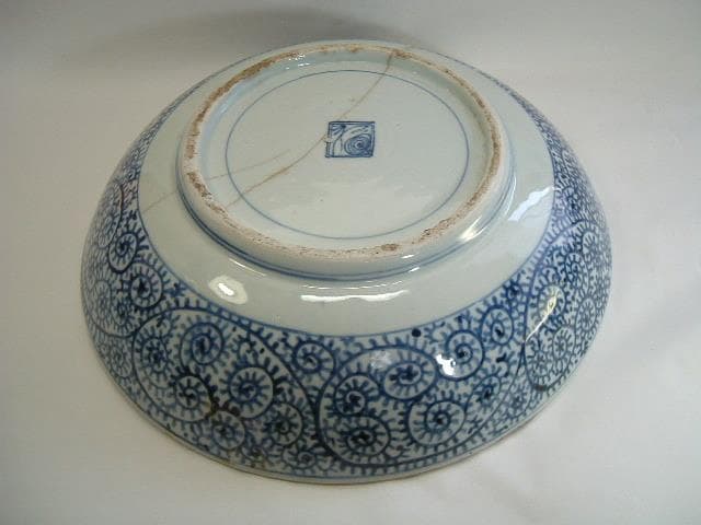 大皿■渦福「江戸中期」蛸唐草紋古伊万里染付大皿 大鉢 菓子器 時代物 骨董品■