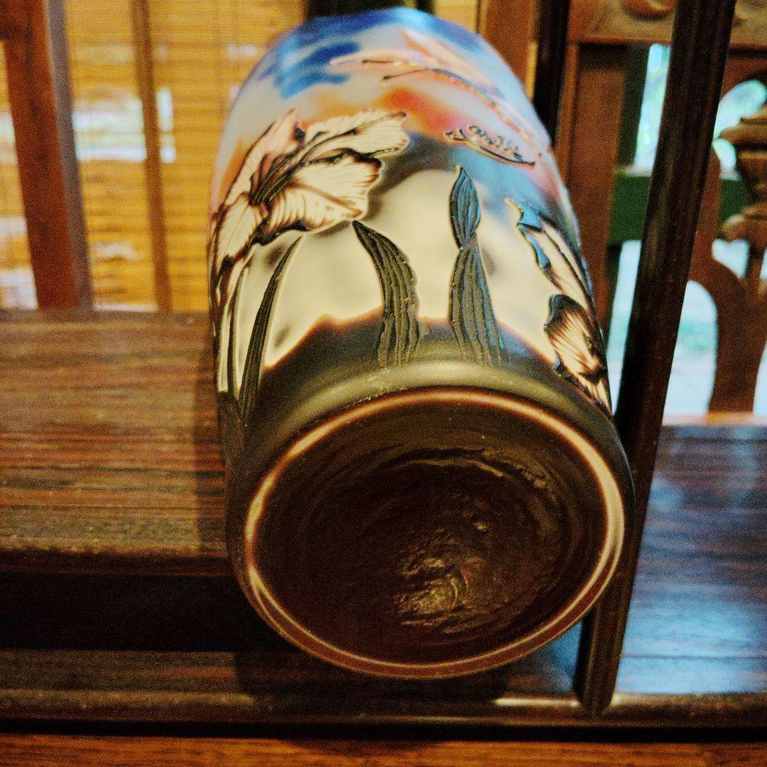 手描きガラス花瓶 蝶と木の葉