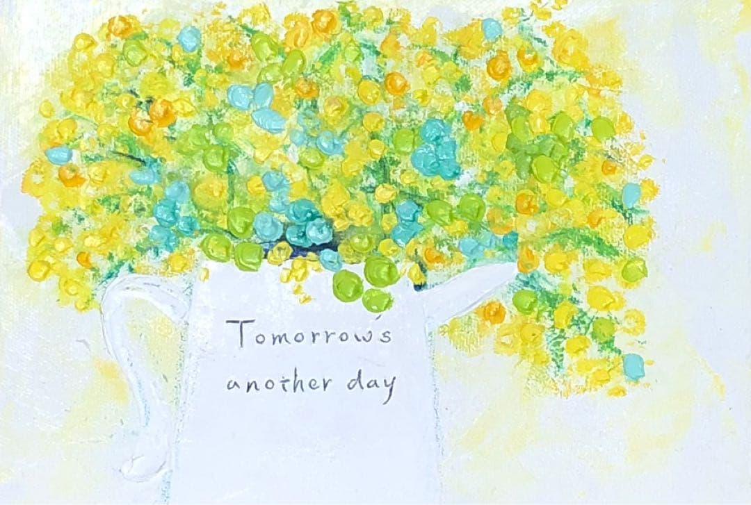 絵画　油絵　アート　原画　一点物　花　ミモザ　イエロー　可憐　SM