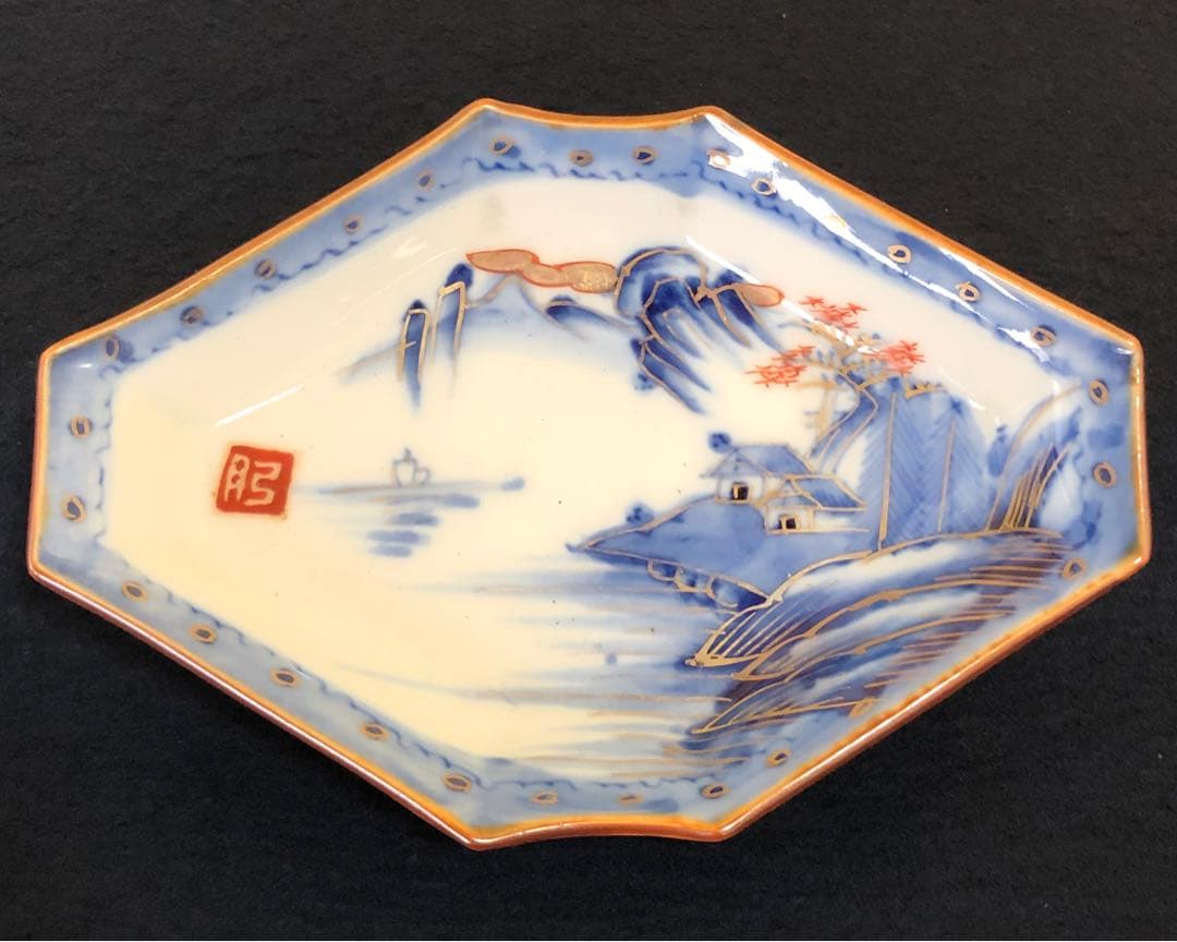 《R》伊万里 染付金彩 山水図 菱形皿9客 変形皿250714E2