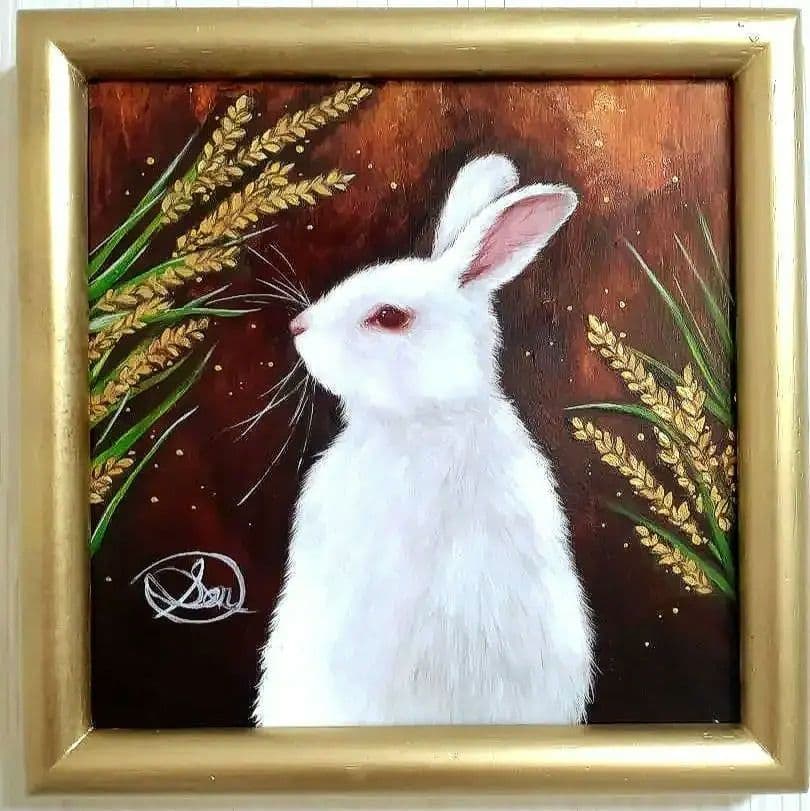 ウサギの油絵【豊穣の兎】1点物の原画/作者サイン入り/額縁付属◆縁起もの