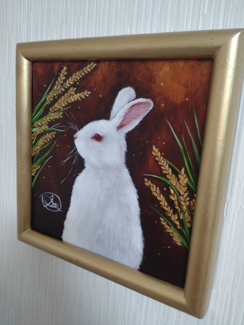 ウサギの油絵【豊穣の兎】1点物の原画/作者サイン入り/額縁付属◆縁起もの
