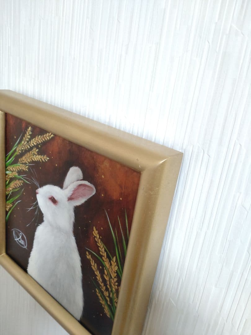 ウサギの油絵【豊穣の兎】1点物の原画/作者サイン入り/額縁付属◆縁起もの