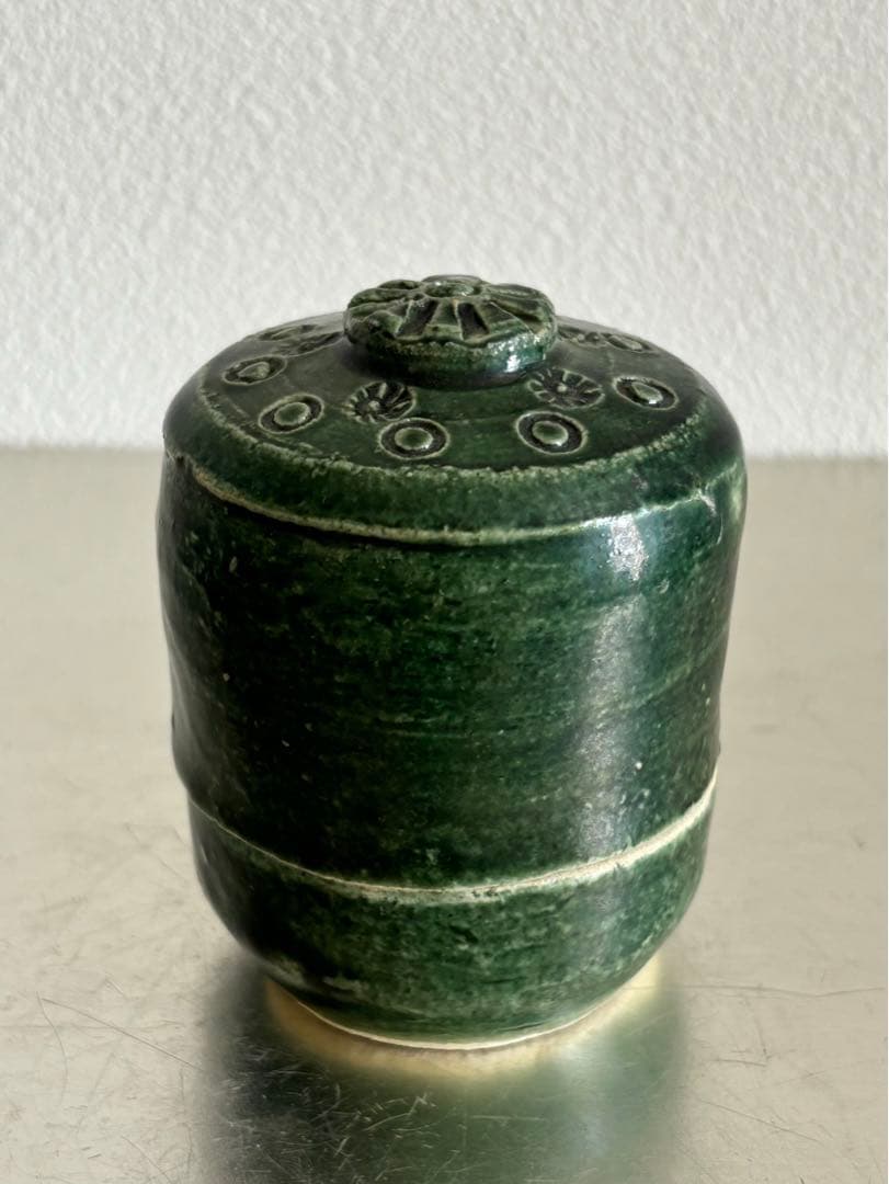 大吉　香合　総織部　京都　杉本立夫　 陶器 茶道具 円筒形　共箱付