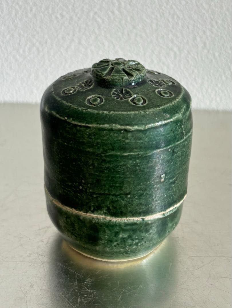 大吉　香合　総織部　京都　杉本立夫　 陶器 茶道具 円筒形　共箱付