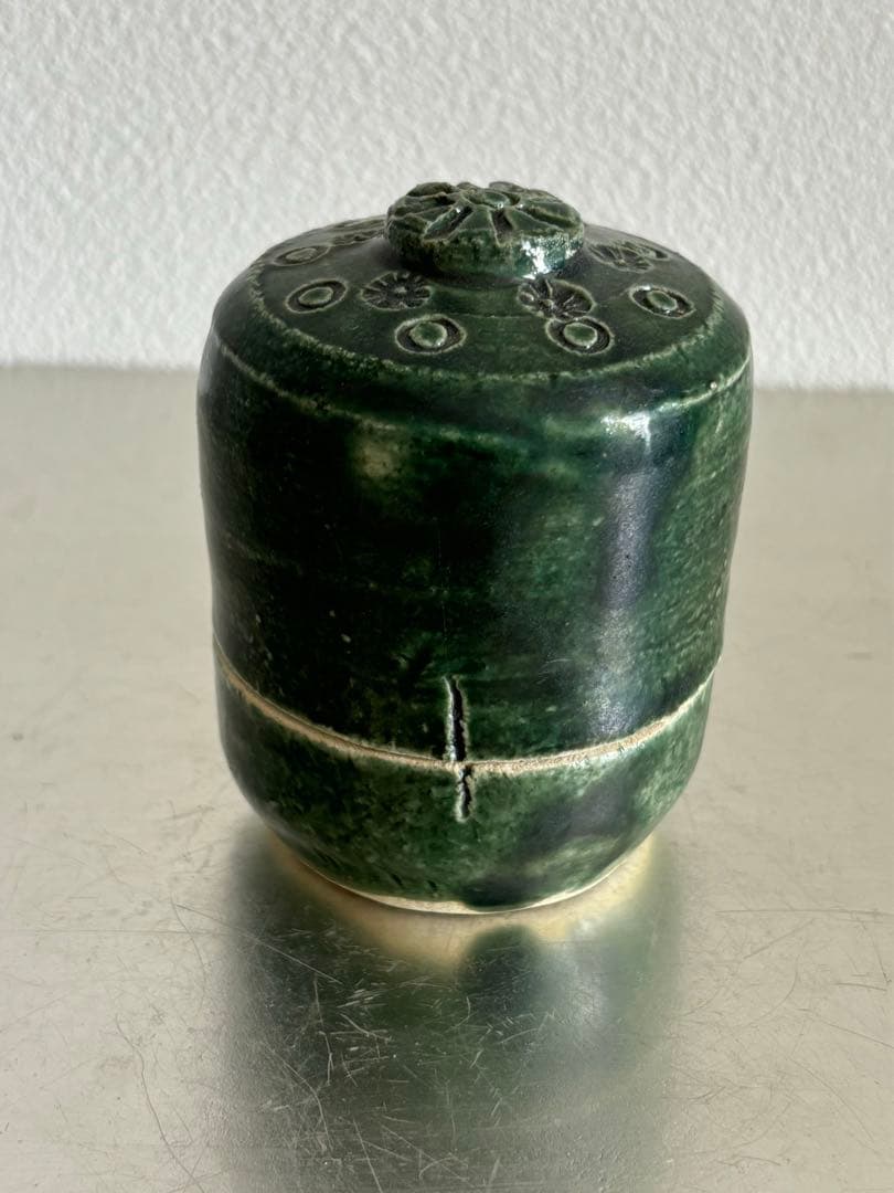 大吉　香合　総織部　京都　杉本立夫　 陶器 茶道具 円筒形　共箱付