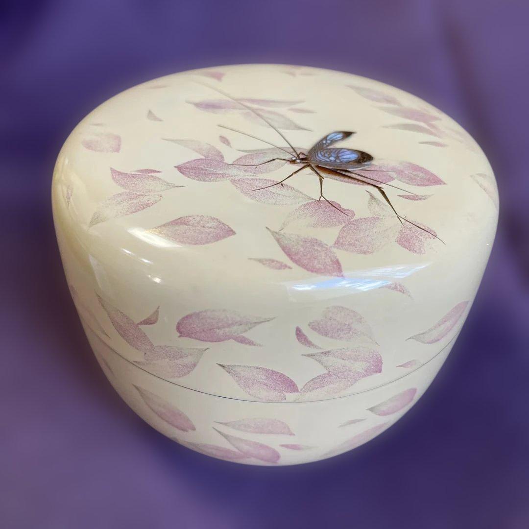 未使用　輪島塗　棗　白漆　崎田 宏　螺鈿（まつむし）　共布　共箱あり