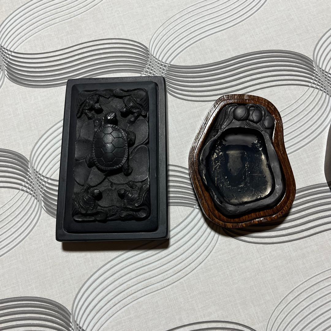 亀彫刻 木製硯箱 文箱セット