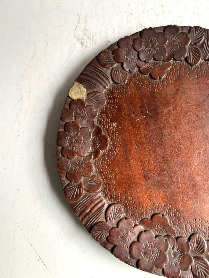 754 ヴィンテージ 軽井沢彫 桜彫 丸盆 大阪屋家具店 金継ぎ 民芸 工芸