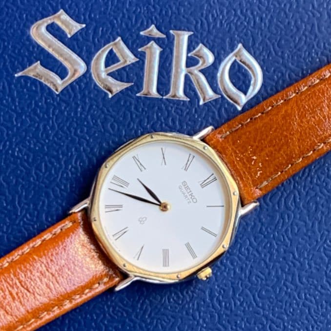 極薄美品スイスセイコークォーツメンズ　★極希少スイスセイコーレザーベルト交換済み