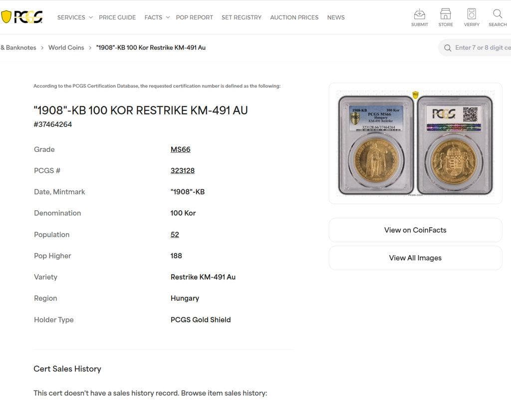 1908年ハンガリー フランツヨーゼフ1世 RS100コロナ PCGS MS66