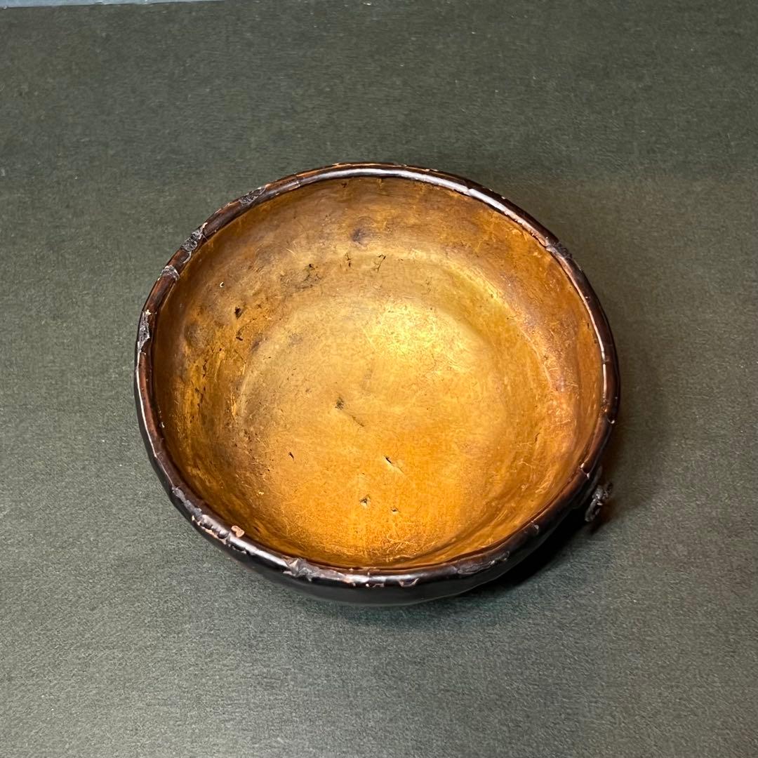 江戸期 木製 金蒔絵 笹丸紋 道中盃◎提げ環付 刳貫き 時代漆器◎古美術庵々