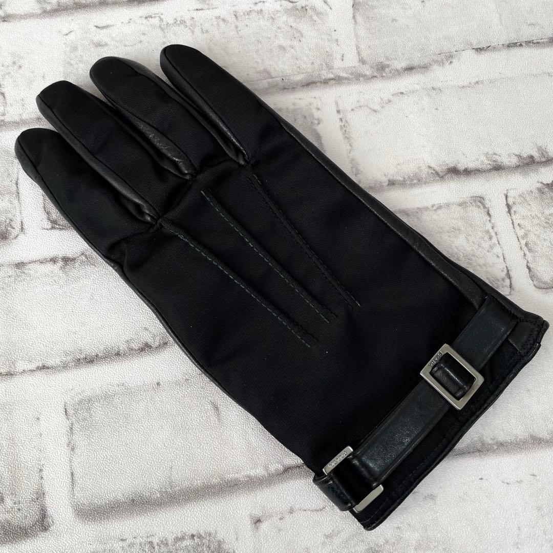 超希少✨プラダ　手袋　羊革　カシミヤ　ナイロン　ベルト　ロゴ刻印　黒