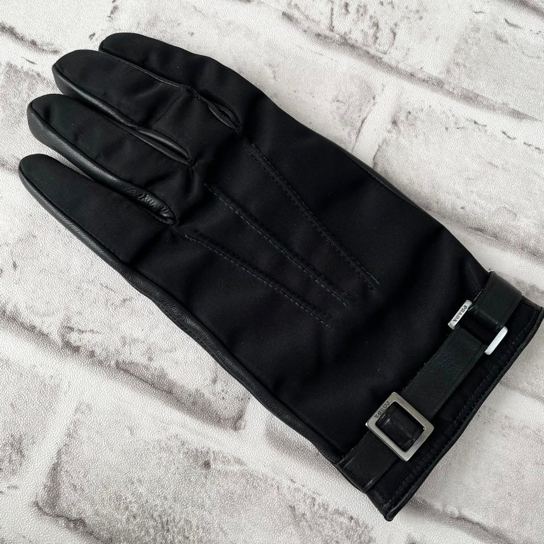 超希少✨プラダ　手袋　羊革　カシミヤ　ナイロン　ベルト　ロゴ刻印　黒