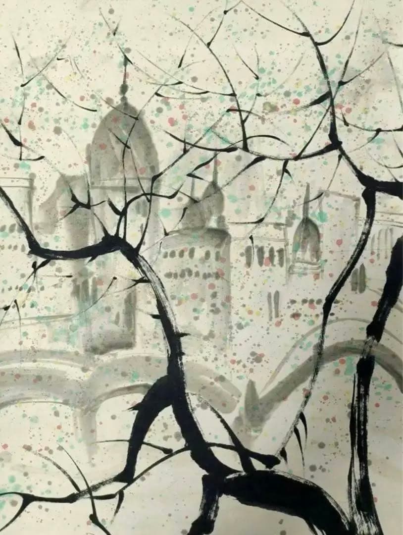 中国古画 珍品旧蔵 肉筆 呉冠中抽象 スケッチ【パリの星 ロマンチックな都 】