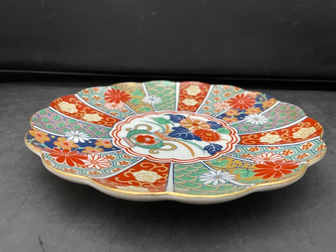 有田焼　陶扇　錦絵　金彩色絵　銘々皿　5枚　菊割皿