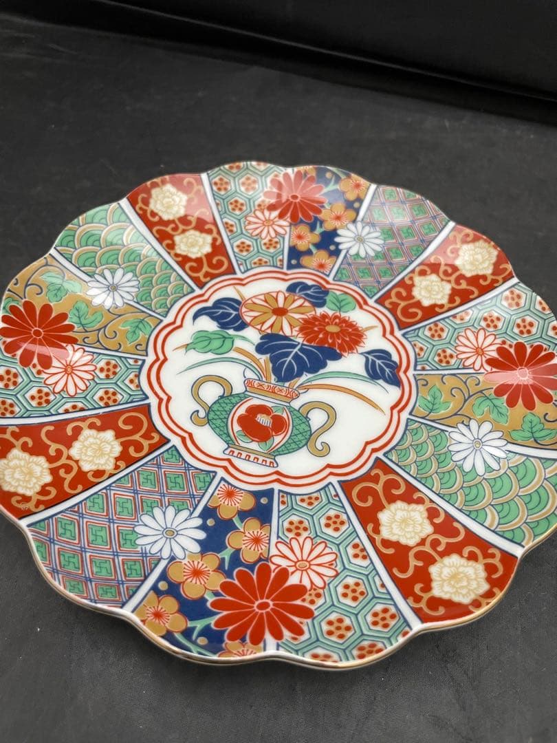 有田焼　陶扇　錦絵　金彩色絵　銘々皿　5枚　菊割皿