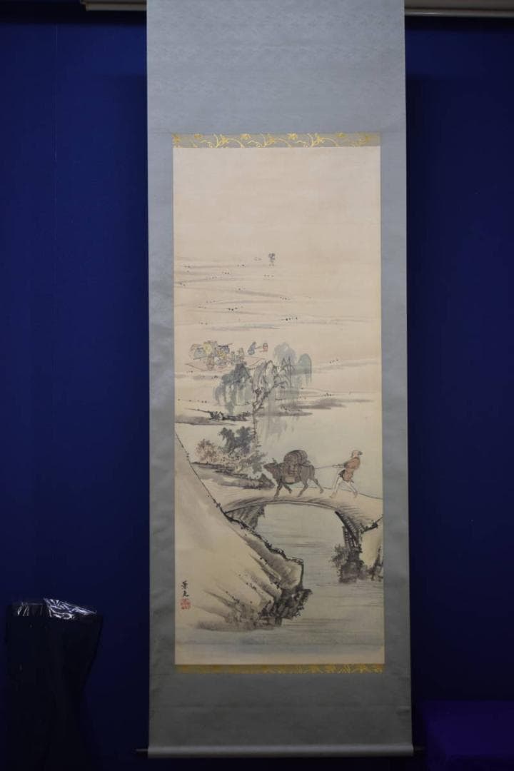 真作/景文/牛に人物宴図/農耕図/布袋屋掛軸HI-56