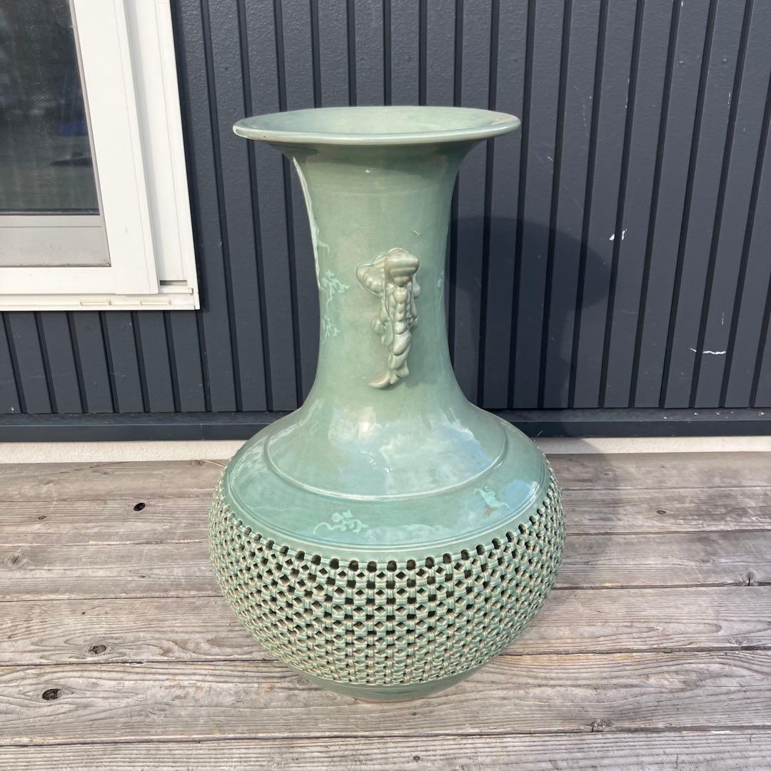 青山作 特大壺 高麗青磁 透かし 雲鶴紋 二層網目 花瓶 網目彫 緑色 双耳大型