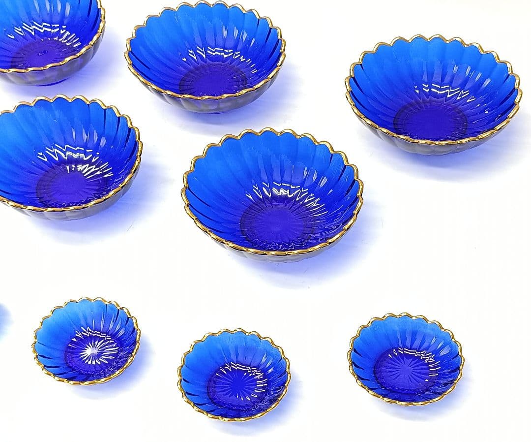 【保管品】天金 菊小判 のぞき 洗鉢 ルリ 瑠璃ガラス 各5客 箱入