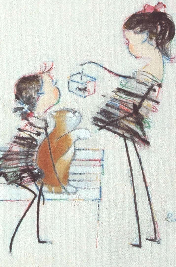 油絵 菅家令子 絵 絵画 インテリア F4-030219 可愛い子猫と女の子