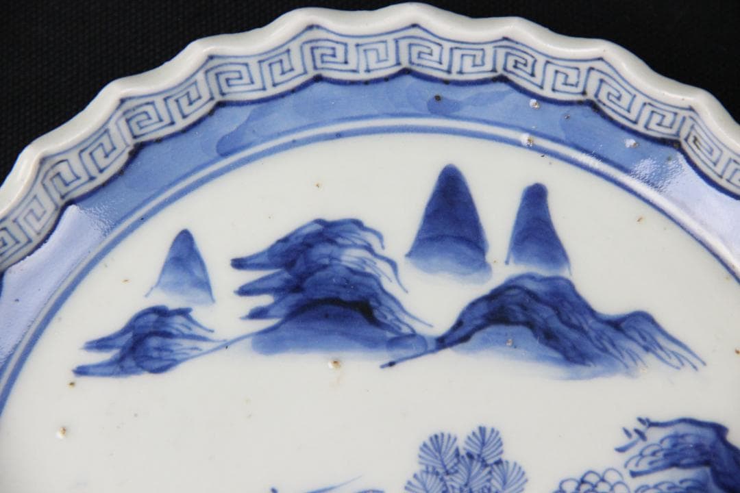 古伊万里 染付 山水 五枚 菓子皿 風景絵 江戸明治期 補修済み Eo21-7