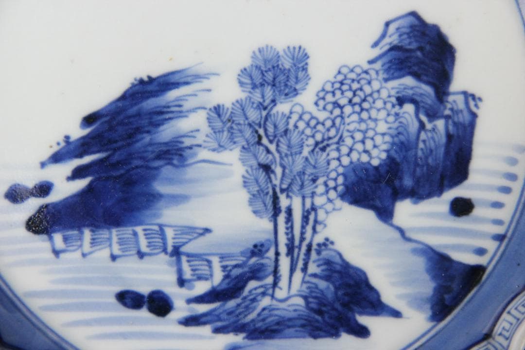 古伊万里 染付 山水 五枚 菓子皿 風景絵 江戸明治期 補修済み Eo21-7