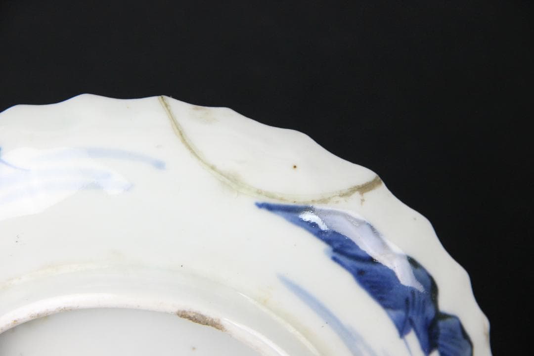 古伊万里 染付 山水 五枚 菓子皿 風景絵 江戸明治期 補修済み Eo21-7