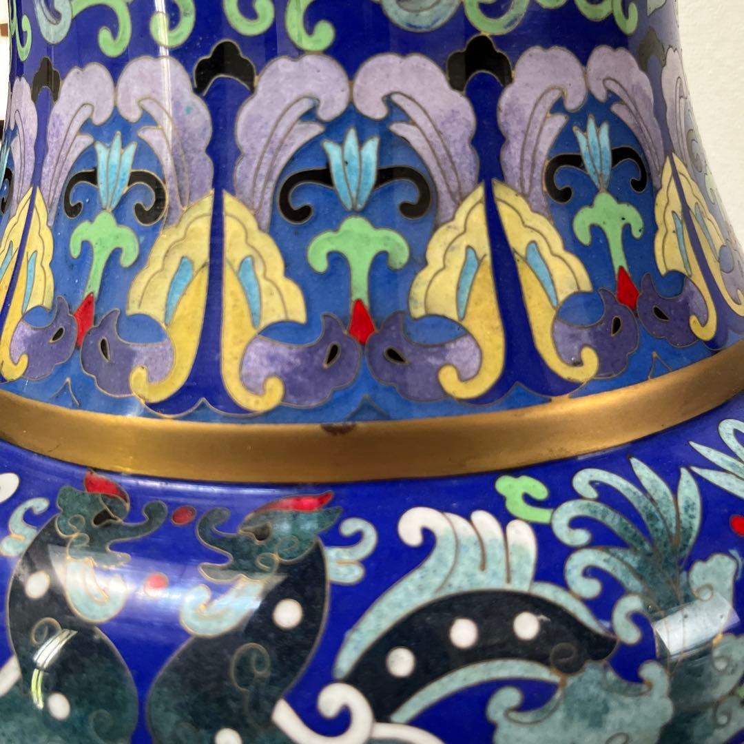 青色波模様ドラゴン陶器フラワーベース