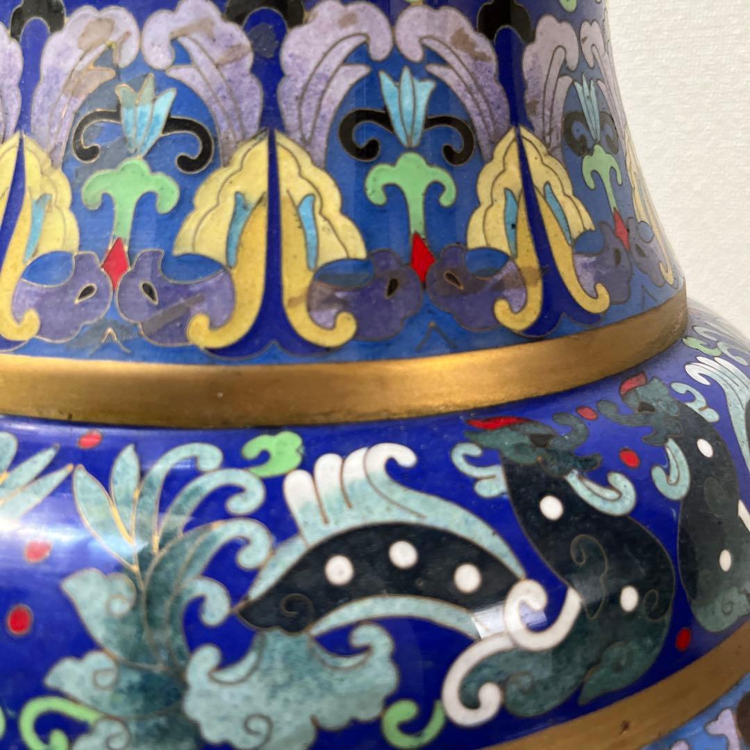 青色波模様ドラゴン陶器フラワーベース