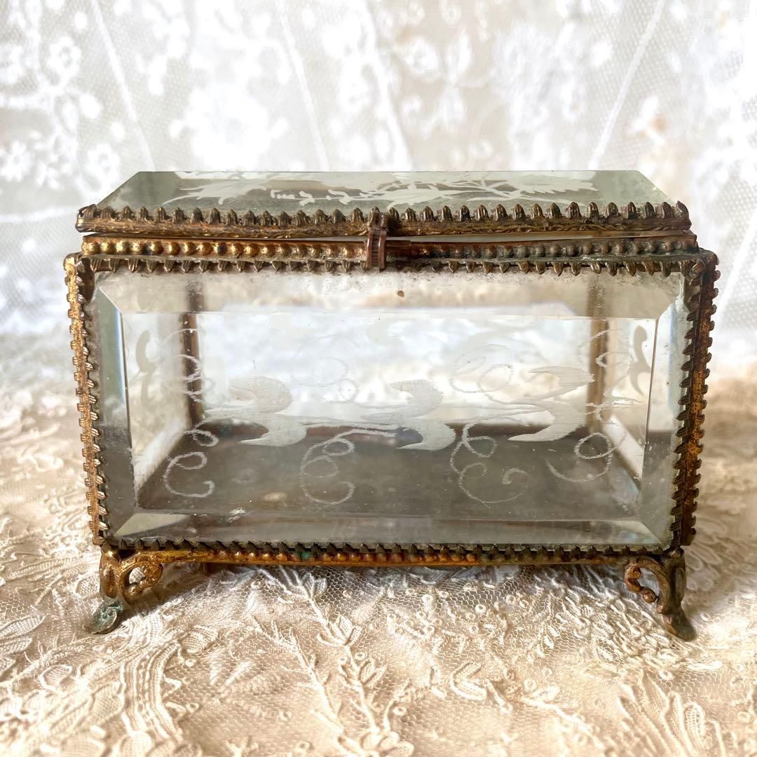 ローズ柄ベベルガラスジュエリーボックス　アクセサリーケース　フランスアンティーク