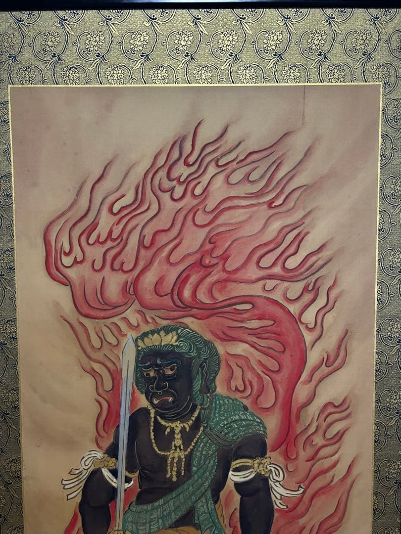 希少品・額装付 不動明王 仏画 アンティーク 130cm×60cm 開運・魔除け