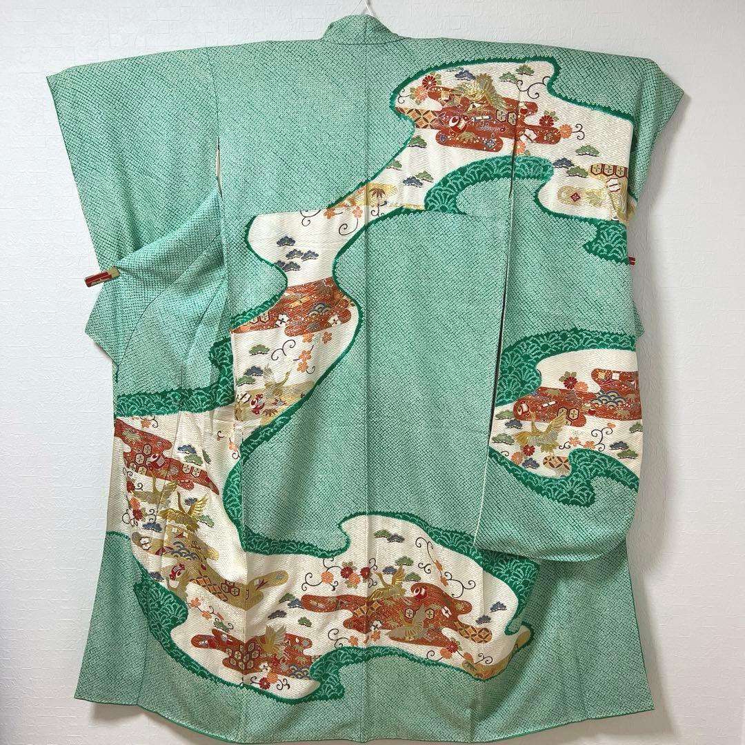 461 振袖フルセット 正絹 緑 グリーン 絞り 金彩 駒刺繍 やまと レトロ