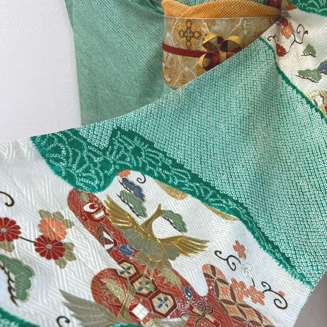 461 振袖フルセット 正絹 緑 グリーン 絞り 金彩 駒刺繍 やまと レトロ