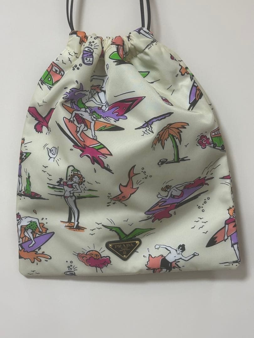 【希少・極美品】PRADA プラダ 巾着 ポーチ バッグ サーフ柄 三角ロゴ