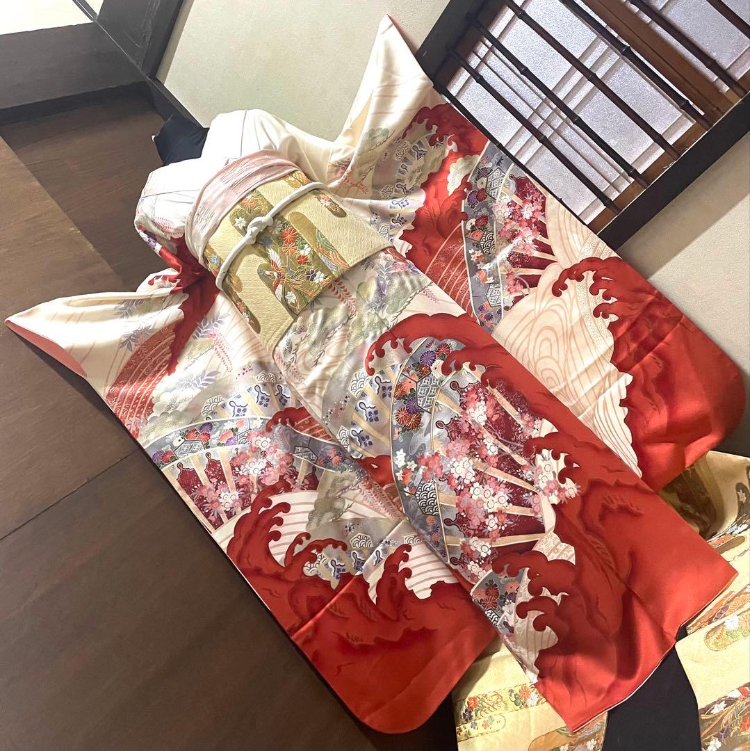 振袖 フルセット6点サイズM〜Ｌ駒刺繍　片輪車吉祥花文　金銀彩　正絹