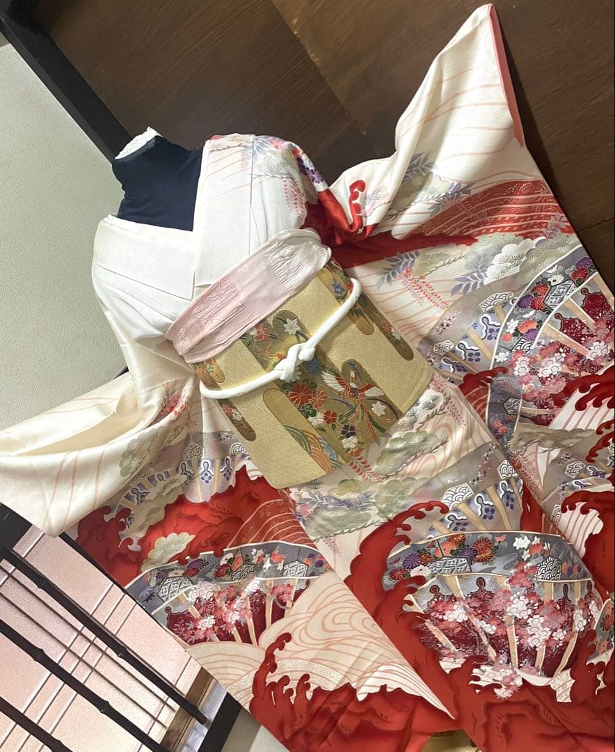 振袖 フルセット6点サイズM〜Ｌ駒刺繍　片輪車吉祥花文　金銀彩　正絹