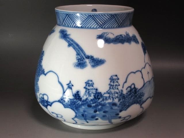 ★　加藤藤城　染付近江八景絵水指　久田流十二代尋牛斎の花押がございます★x384