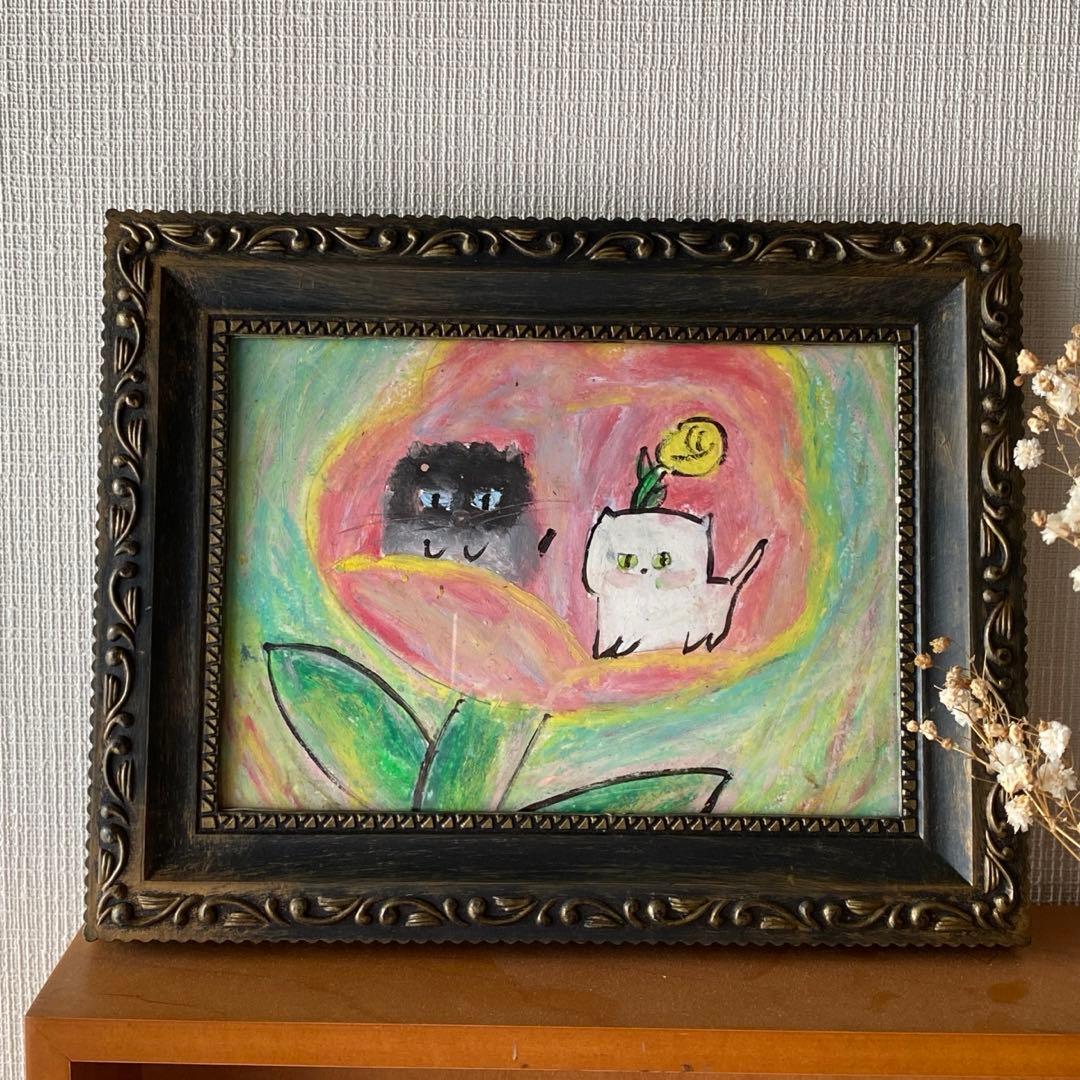 絵画。原画【2匹のかわいい猫がピンクの花の中で花の香りを感じている】