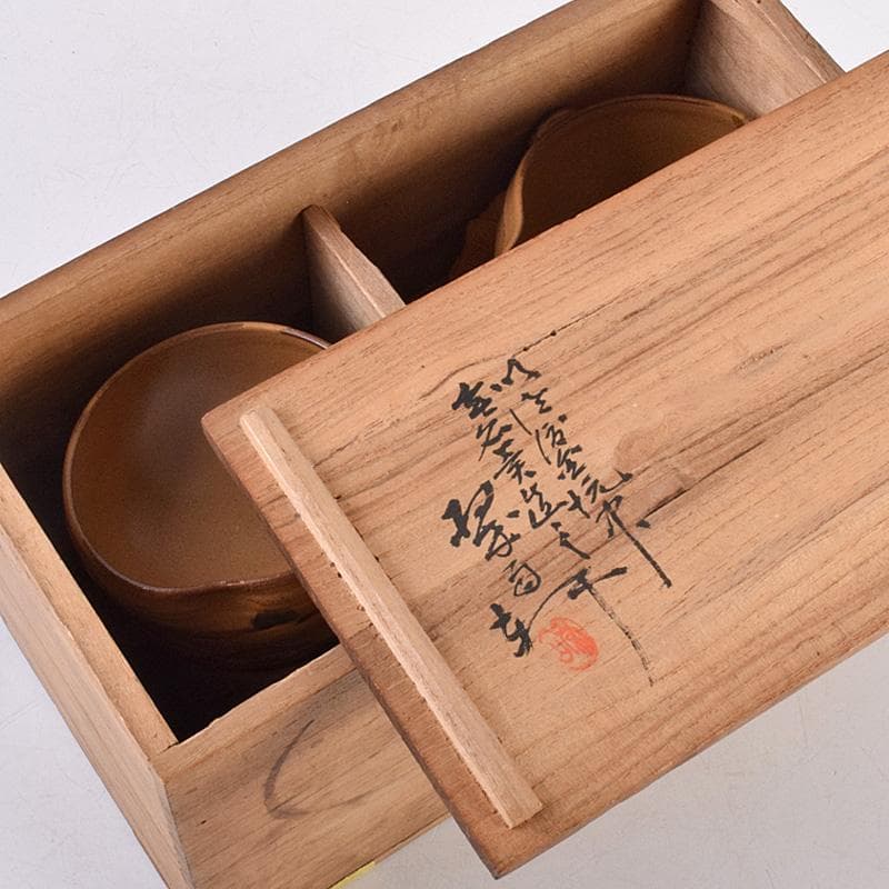 佐渡無名異焼　常山焼　三浦常山造　茶葉釉椿画　茶器揃　共箱　M　R9003