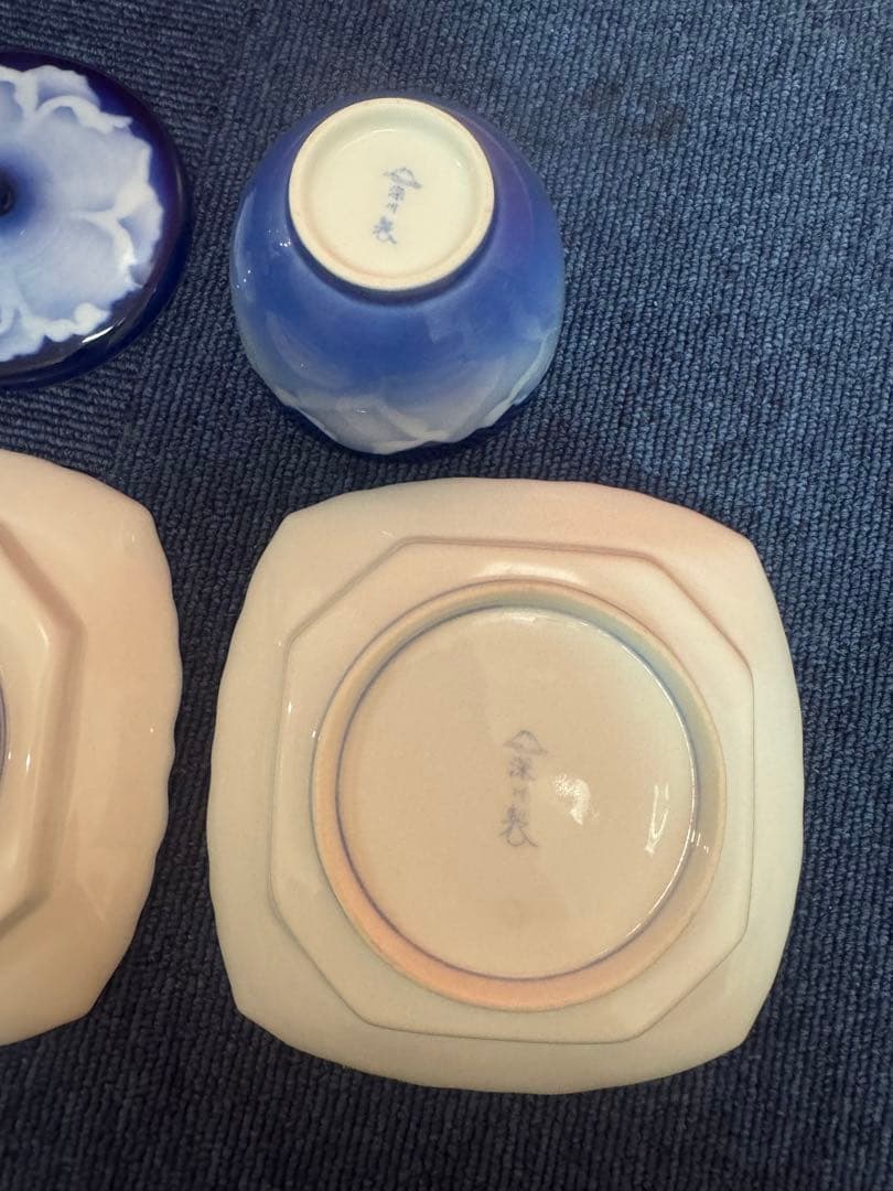 1706 深川製磁　牡丹金ミル　湯呑蓋付1客　皿2客