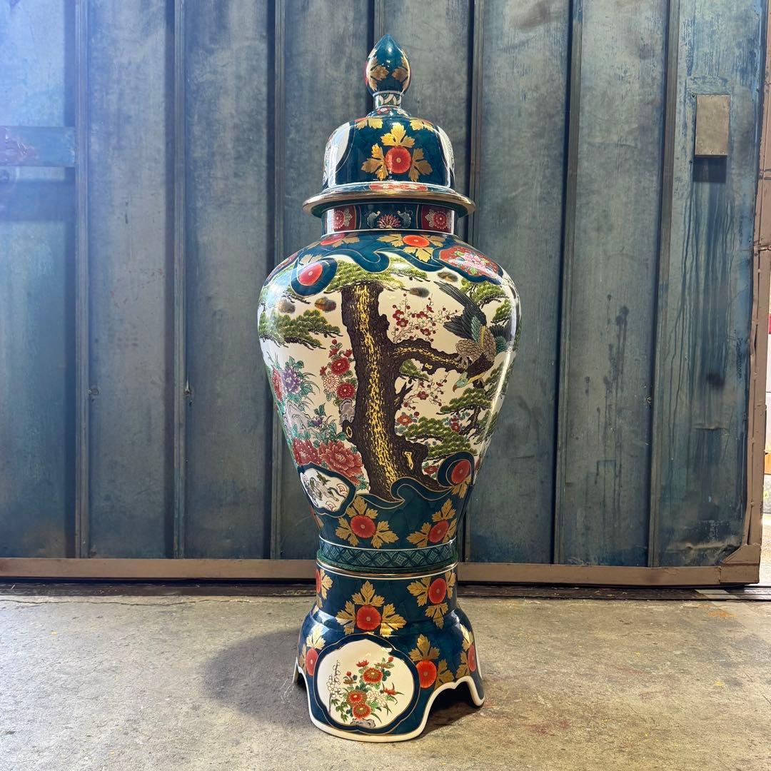 有田焼 金龍窯 博山作 金襴手 染錦 飾り壷 花鳥 高さ115cm 3個口発送