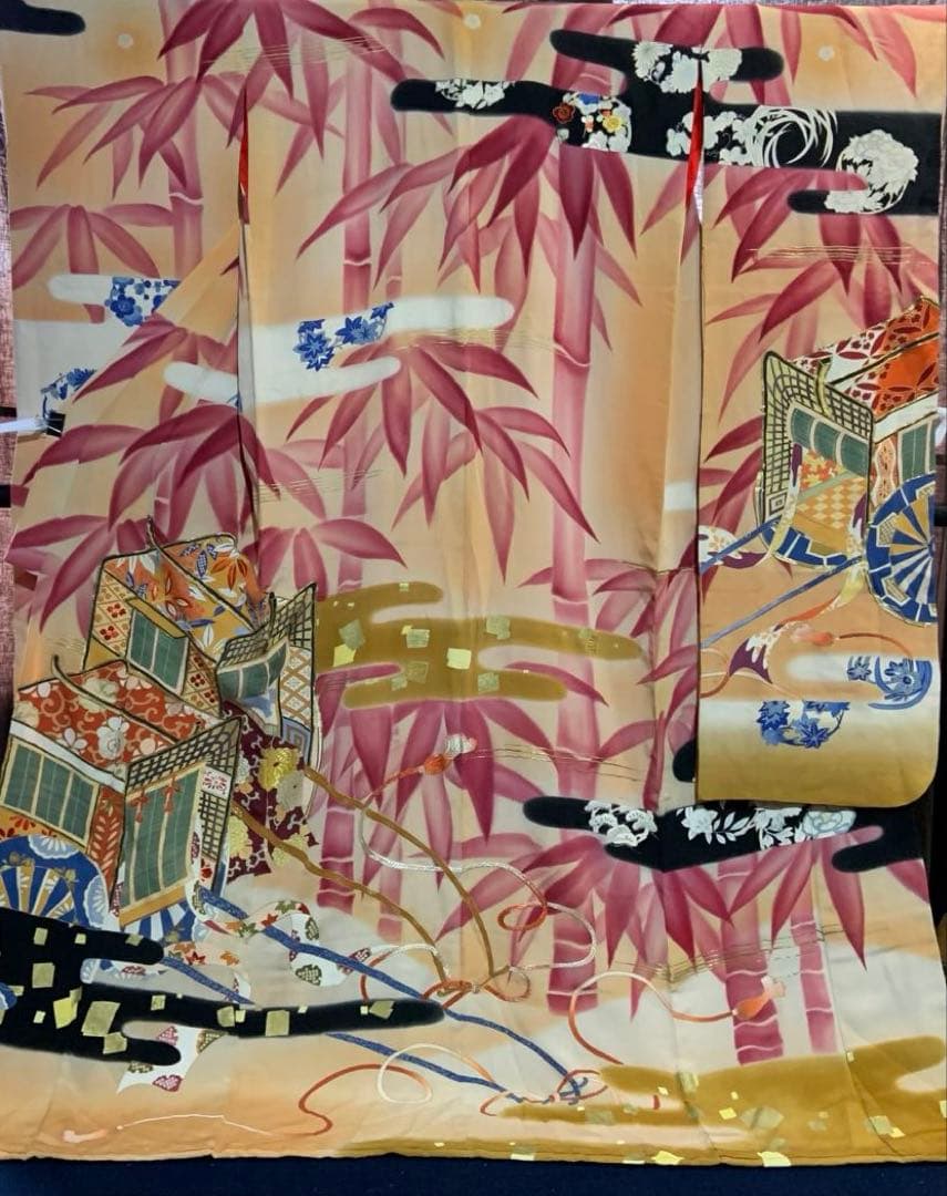 アンティーク振袖 竹に御所車文様振袖ヴィンテージリメイク正絹