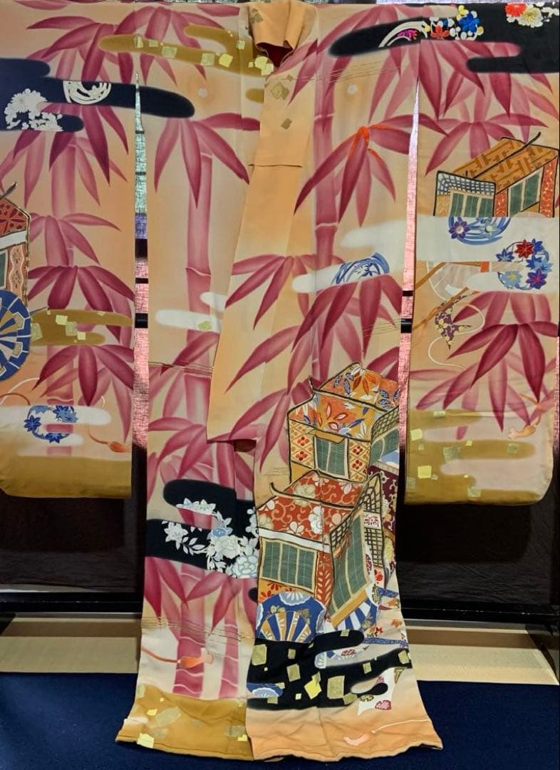 アンティーク振袖 竹に御所車文様振袖ヴィンテージリメイク正絹