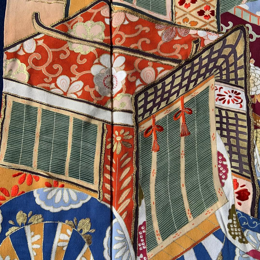 アンティーク振袖 竹に御所車文様振袖ヴィンテージリメイク正絹