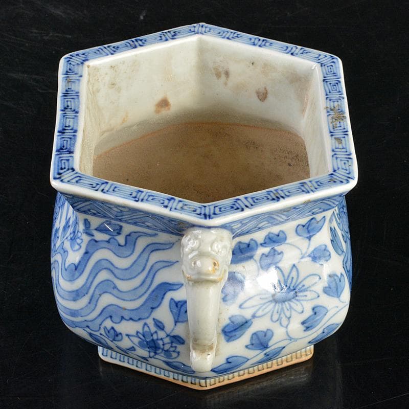 瀬戸焼　古瀬戸　染付　鳳凰花文　双耳六角香炉　M　R7342